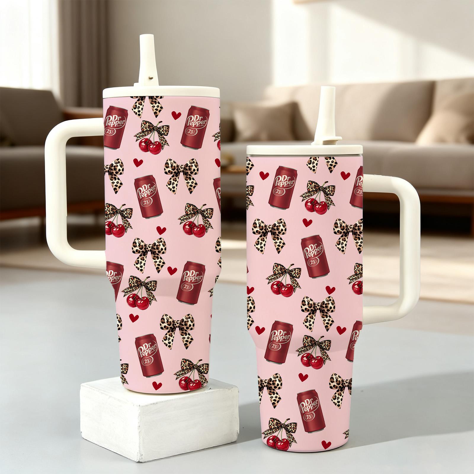 1 Pc 40oz insulated mug with handle, double wall stainless steel vacuum cup, leak proof lid and straw, keeps drinks hot 12 hours and cold 24 hours, pink skinny tumbler, Tumbler reusable cup, great gift for women and men