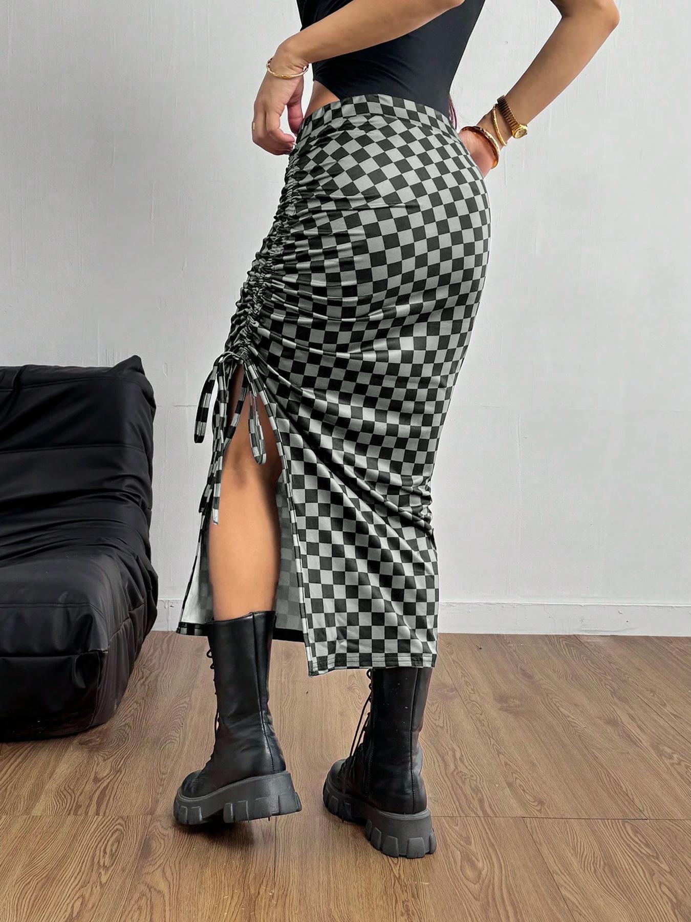 Women's Plaid Drawstring Waist Skirt, Casual Sporty Split Design, Slim Fit Half-Length Skirt for Daily Wear & Outdoor Activities