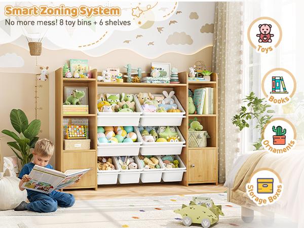 FOTOSOK 55''Large Toy Storage Organizer with 8 Toy Bins, Toy Organizers and Storage with Shelf and 6 Storage Cubbies, Bookshelf for Kids, Playroom Organization and Storage Bins
