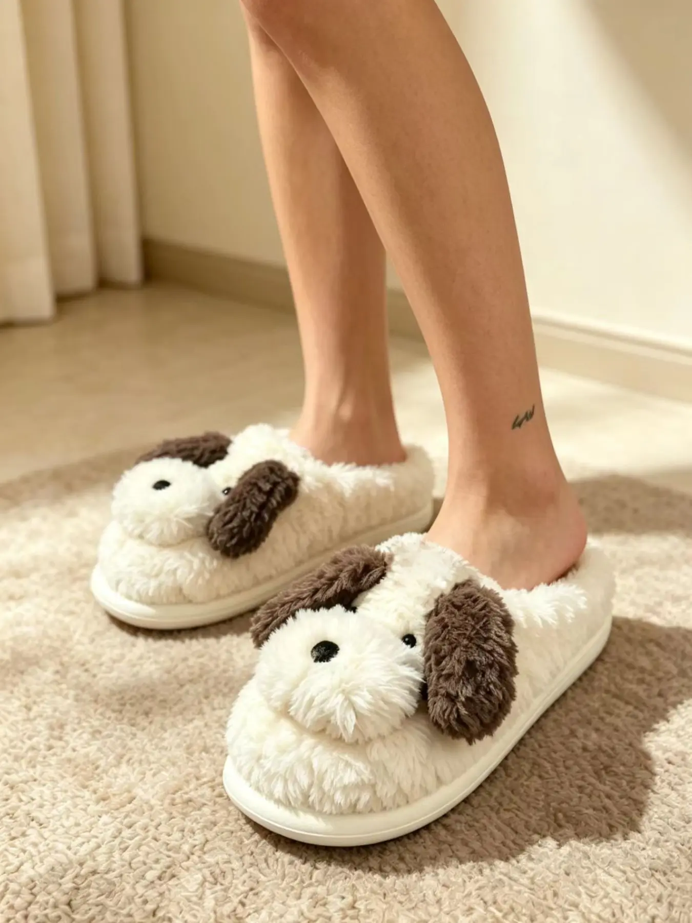 Autumn Winter Plush Dog Ears Slippers, Unisex Eva Thick Sole Anti-Slip Silent Home Slippers, Indoor Bedroom Warm Couple Slippers