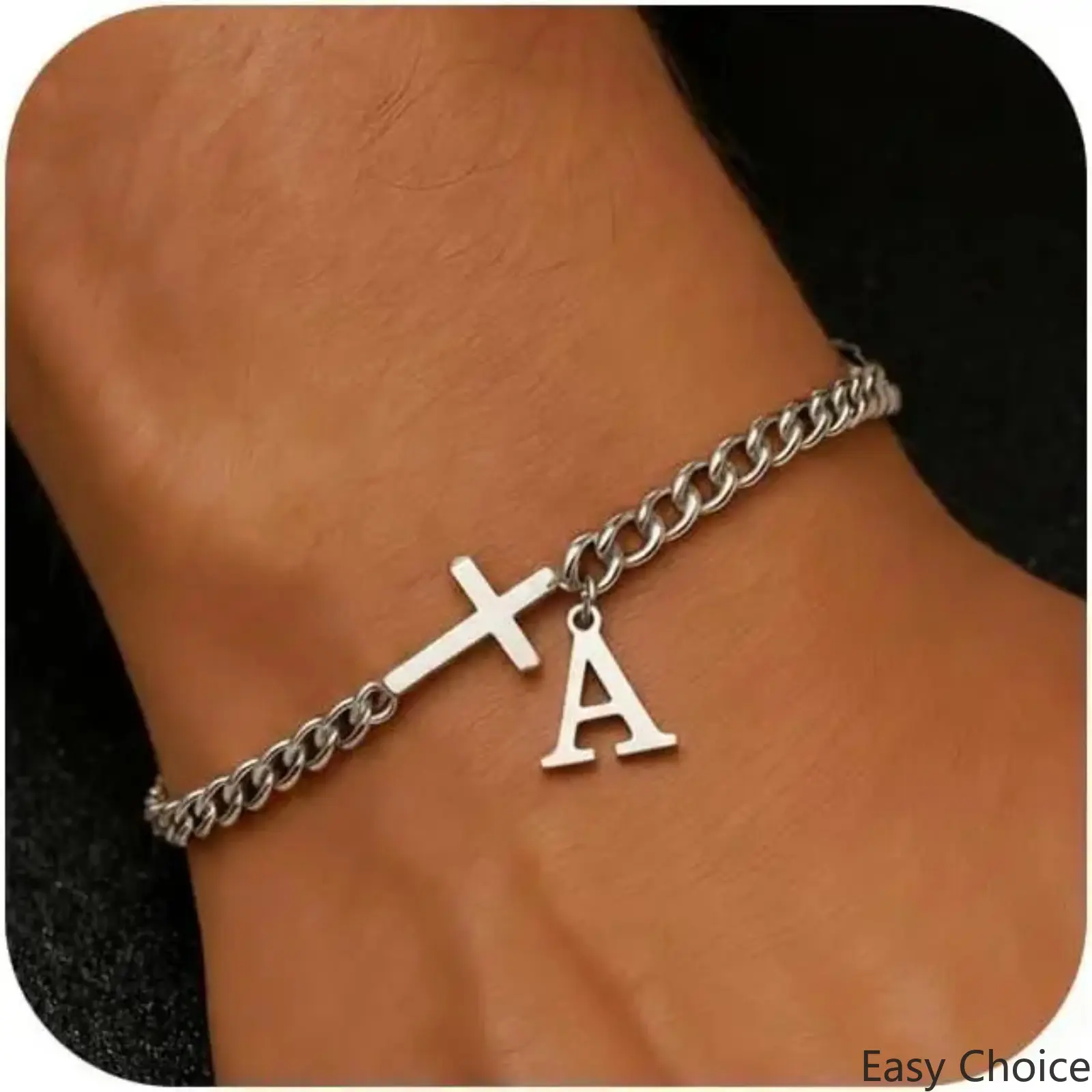 Bold Men's Cuban Link Chain Bracelet with Initial Letter and Faith Cross - Personalized A-Z Monogram Religious Wrist Jewelry, Classic Alphabet Charm Accessory, Meaningful Faith Gift, Perfect for Daily Streetwear, Church Wear & Birthday Gift