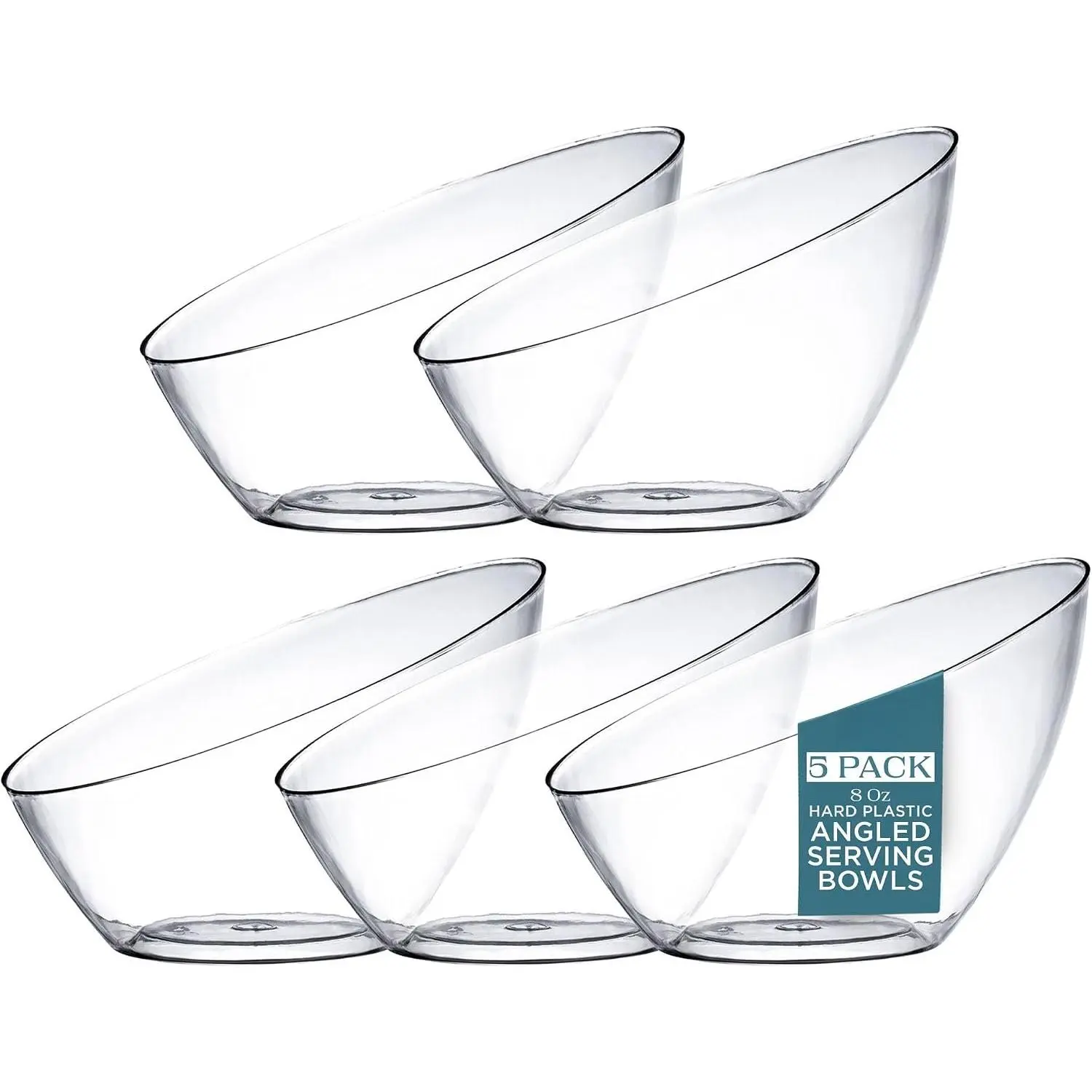 5 Pack Clear Angled Plastic Serving Bowls Disposable for Party Table 8oz | Angled Bowl Design. Chip, Candy, Salad & Fruit Use. Disposable Party Tableware. Buffet & Wedding Serving. Clear Plastic.