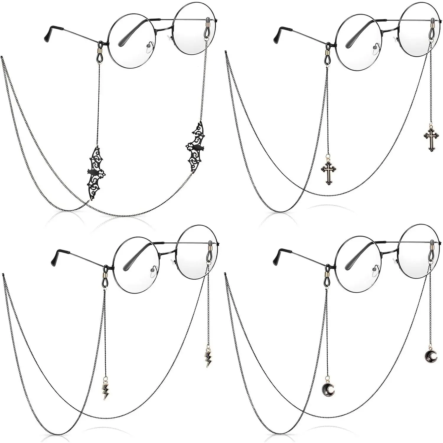 Unisex Gothic Look 4-Piece Goth Eyeglasses Chain Set Pack - Black Pendant Holder Strap for Eyewear Accessories, Unisex Wear