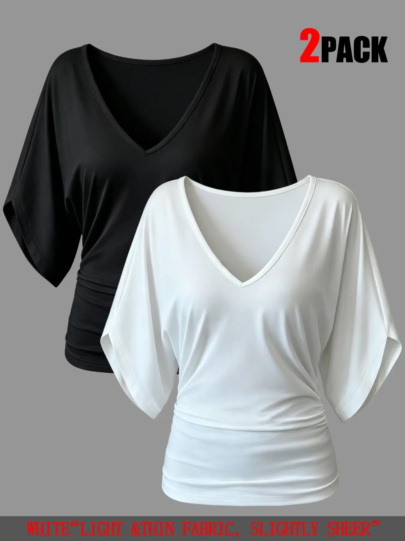 Two-Pack Women's Ruffle Batwing Sleeve V-Neck T-Shirt, Slim Fit Ruffled Summer Top, Casual Daily Wear, Elastic Waist, Multiple Colors Available, Womenswear