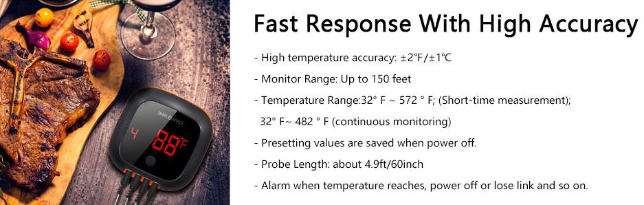Inkbird Meat Thermometer，Bluetooth Wireless Grill BBQ Thermometer,150 ft Barbecue Cooking Kitchen Food Meat Thermometer for Smoker, Oven, Drum with 4 Probes,  Wireless APP Control, Alarm Timer Kitchenware