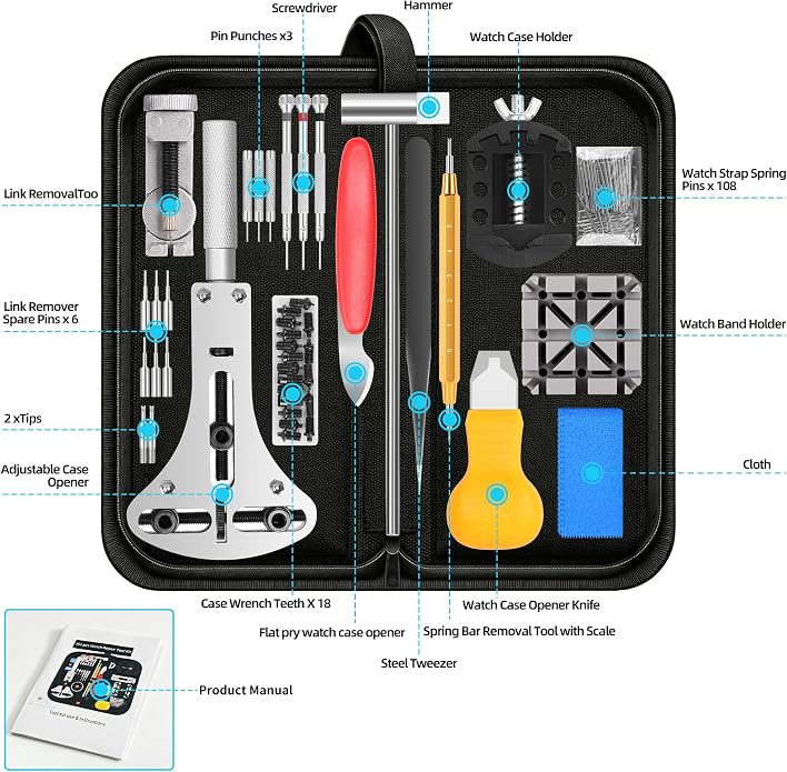 Watch Link Removal Kit, Watch Repair Kit, Watch Case Opener Spring Bar Tools, Watch Battery Replacement Tool Kit, Watch Band Link Pin Tool Set with Carrying Case and Instruction Manual BY