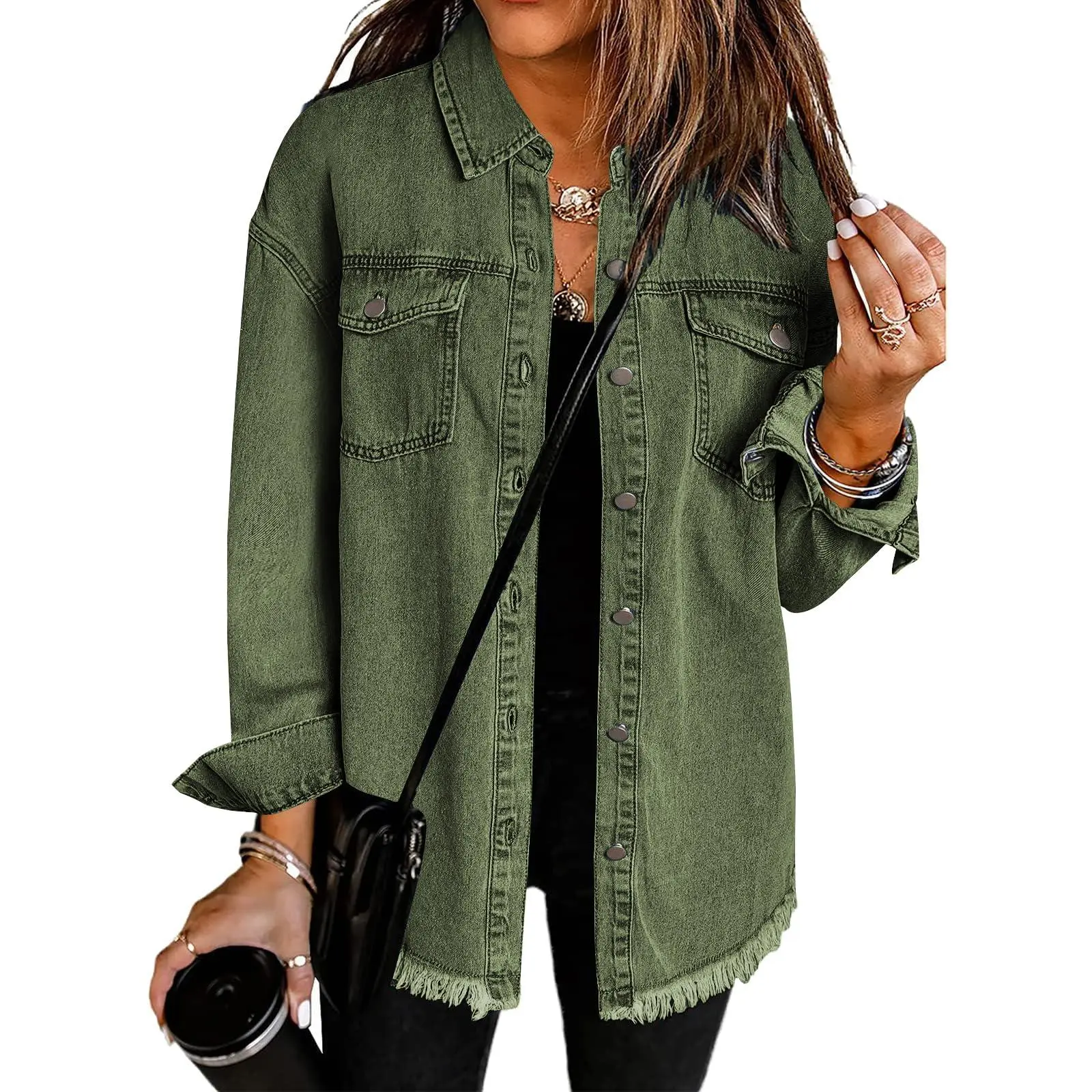 Jean Jackets for Women Ripped Fringe Denim Jean Jacket Casual Long Sleeve Pockets Jackets Coat Fabric Fashion Womenswear Soft Ourdoorfun Vacation Beach