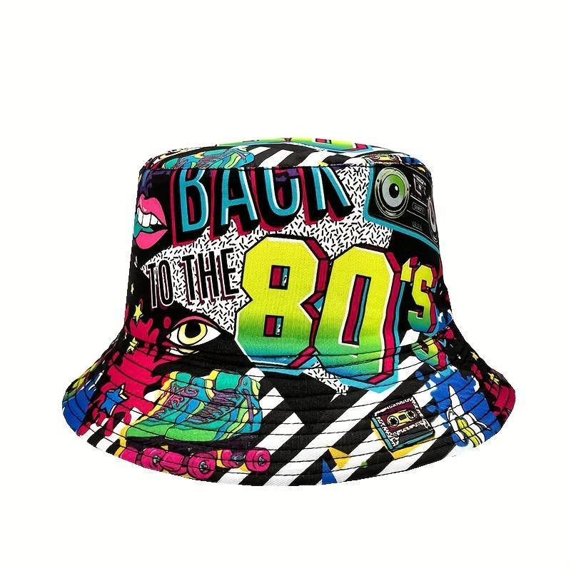 Vintage Unisex Floral Snapback Bucket Hat - 80s Design Polyester Beach Cap, Colorful Retro Multi Color Festival Inspired Printed Graphic Hat, Ideal for Beach Trips & Casual Outings, Snapback Hat, Colorful Retro Hats