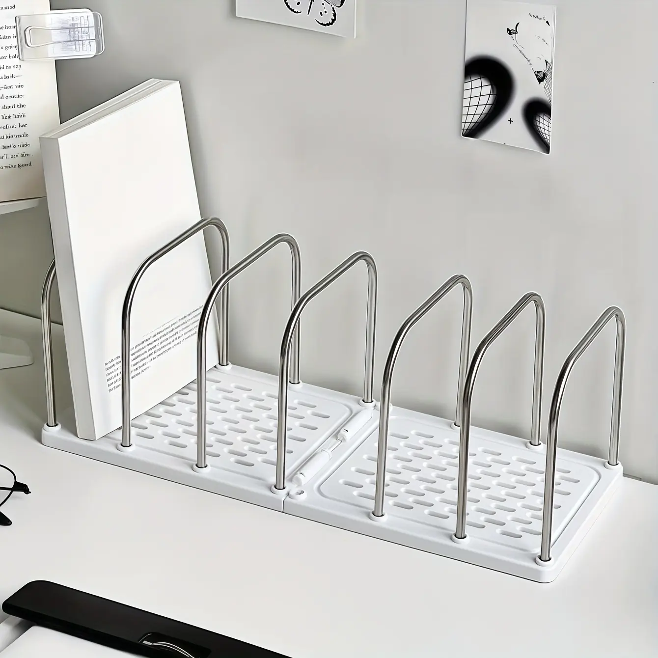 1 piece stainless steel + PP desktop bookshelf | Non-slip base with adjustable divider vertical small bookstand | Modern simple desk storage rack for mail and document storage | Student dormitory study table rack | Documents Organizer