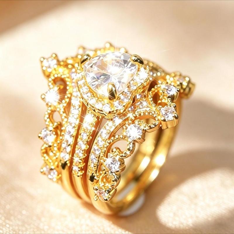 Women's 3-Piece Stackable Crown Ring Set - Gold & Silver Plated Copper Rings, Heart Cut Heart Shaped, Exquisite Trendy Elegant Everyday Birthstone Jewelry for Special Events, Heart Shaped Ring