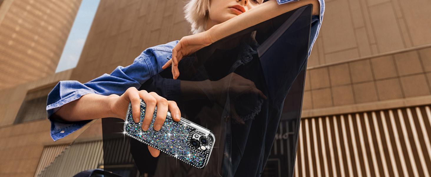 Lafunda for iPhone 13 Case Glitter, Luxury Shiny Bling Sparkly Phone Cover with Crystal Diamonds Rhinestone for Women Girls Soft TPU Slim Shockproof Protective Phone Case for iPhone 13 6.1", Pink