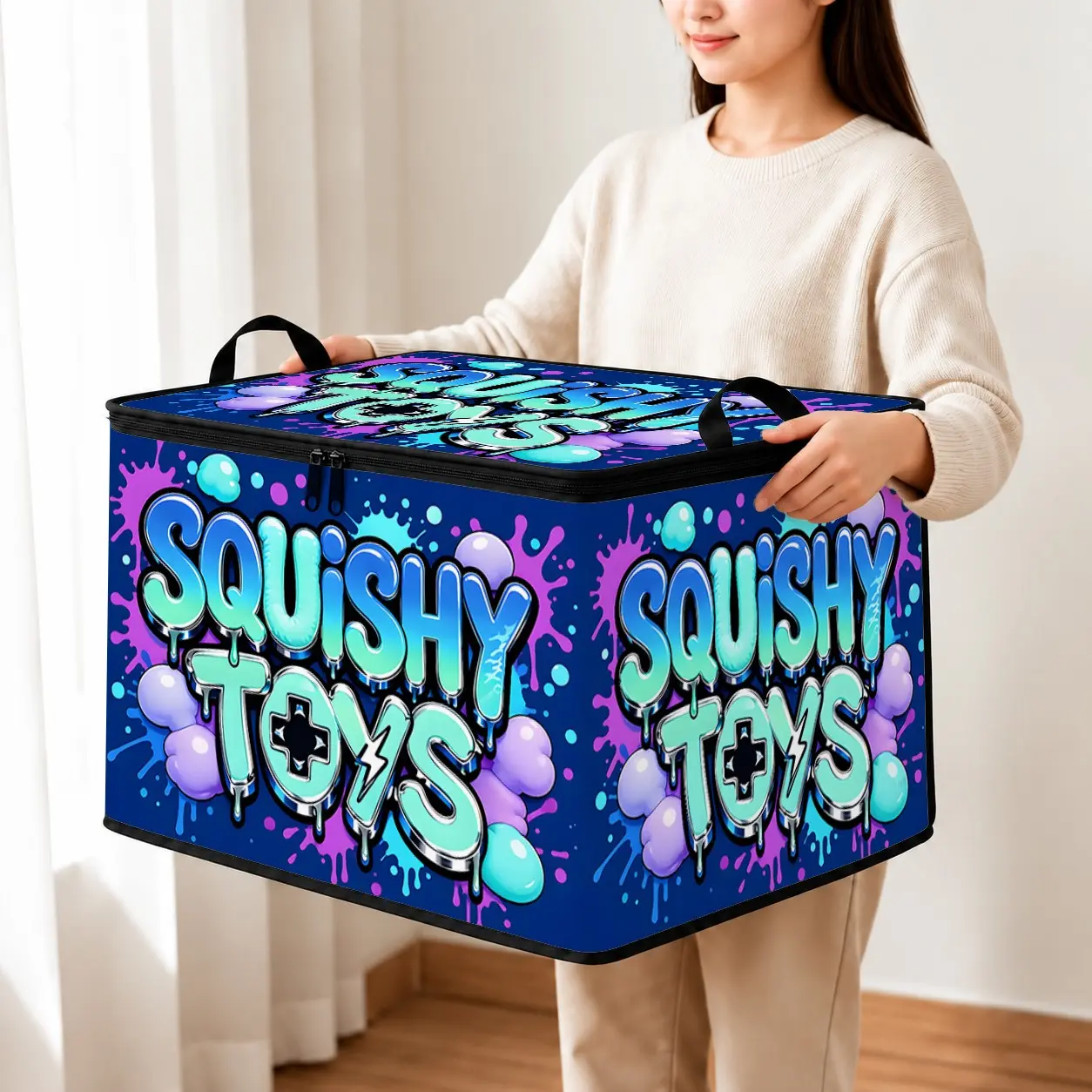 1pc Squishy Toys Storage Box, Large Capacity Foldable Fabric Organizer with Zipper Lid, Colorful Graffiti Letter Pattern, Ideal for Kids' Toys, Blankets, Clothes, Christmas Gift
