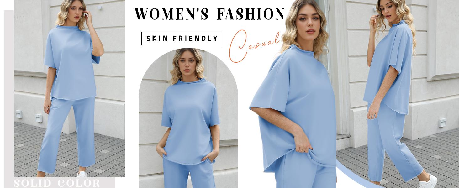 Women's 2 Piece Outfits Lounge Set 3/4 Batwing Sleeve Capelet Crew Neck Pullover Tops Wide Leg Pants Travel Set