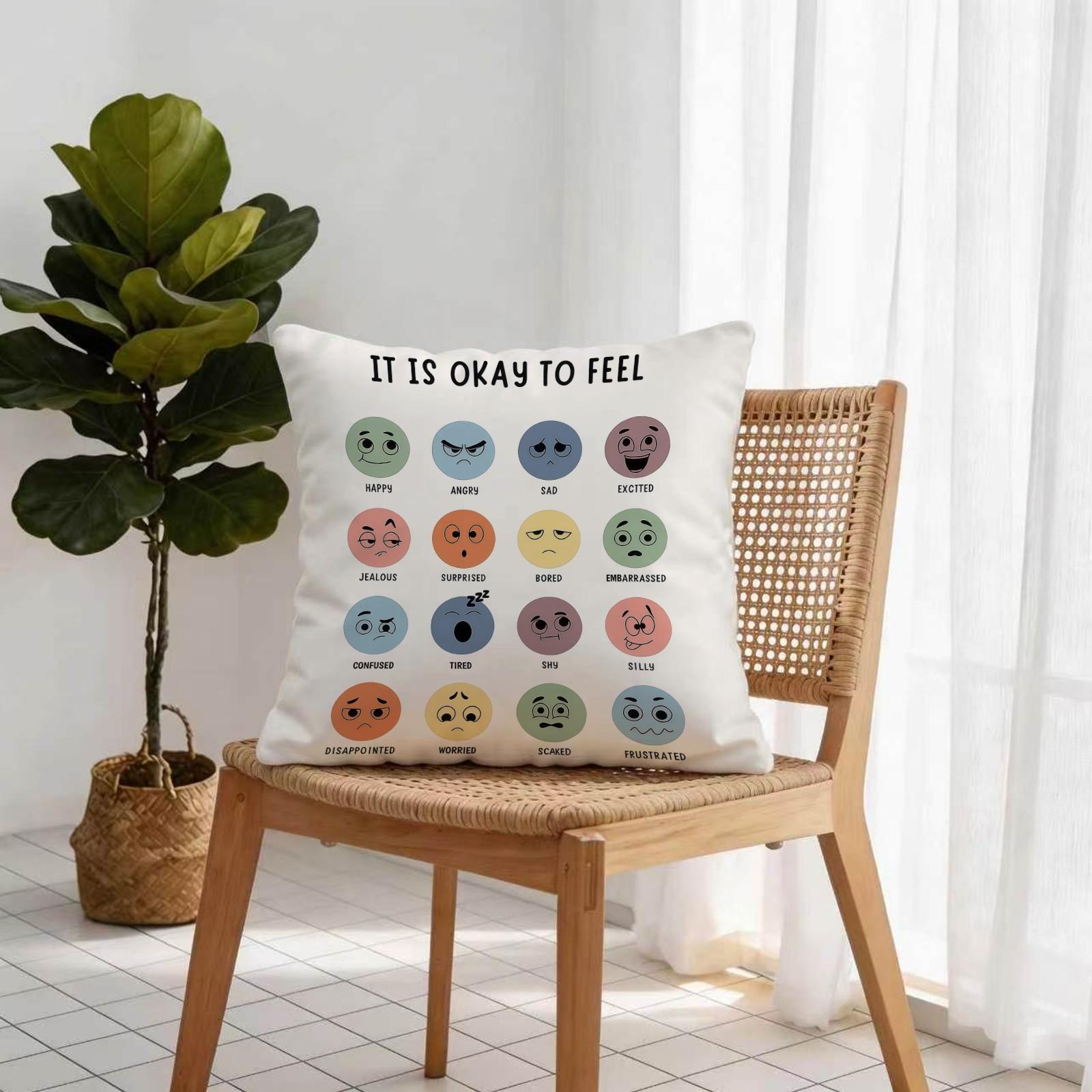 18 Inch It Is Okay to Feel Emotion Pillow Cover, Mental Health Awareness Emoji Throw Pillowcase, Dual Color Soft Cushion Cover for Sofa Couch Bedroom, Ideal Gift for Anxiety Relief & Self Care