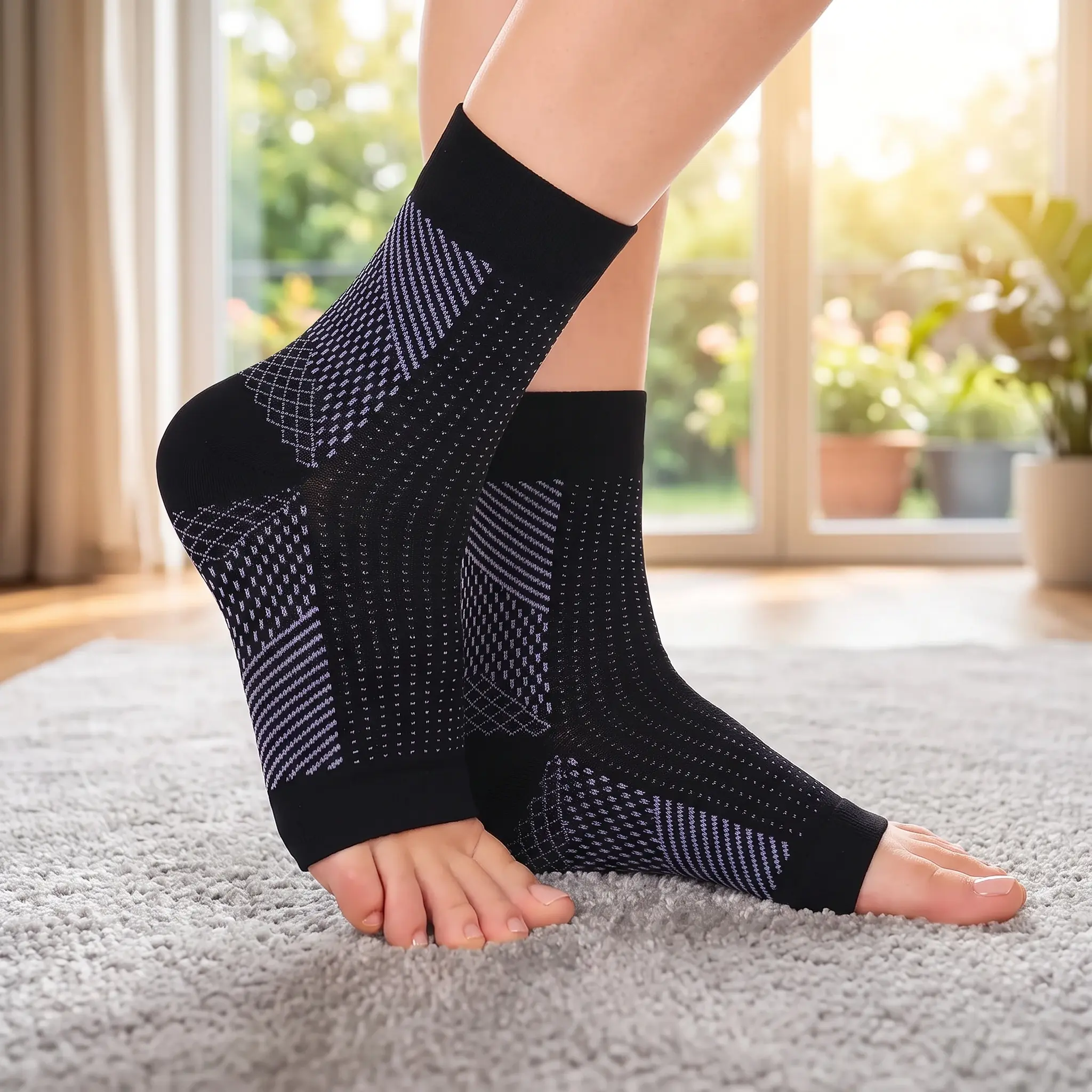 Unisex Compression Neuropathy Relief Socks (2 Pair, Black) - Open Toe, Arch Support, Heel Pain Relief, Circulation Aid, Breathable Quick-Drying Nylon - Sports & Outdoor Protective Gear for Travel, Work, Compression Socks