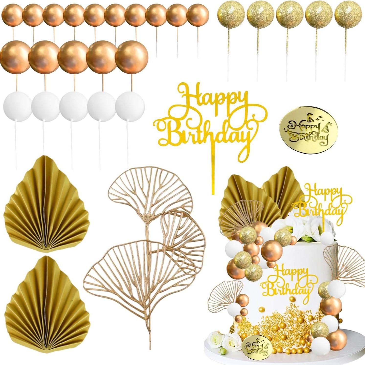 32 Paper Fan Cake Decorations, Baking Cake Decor, Gold Foam Ball Decorations, Birthday Cake Decorations
