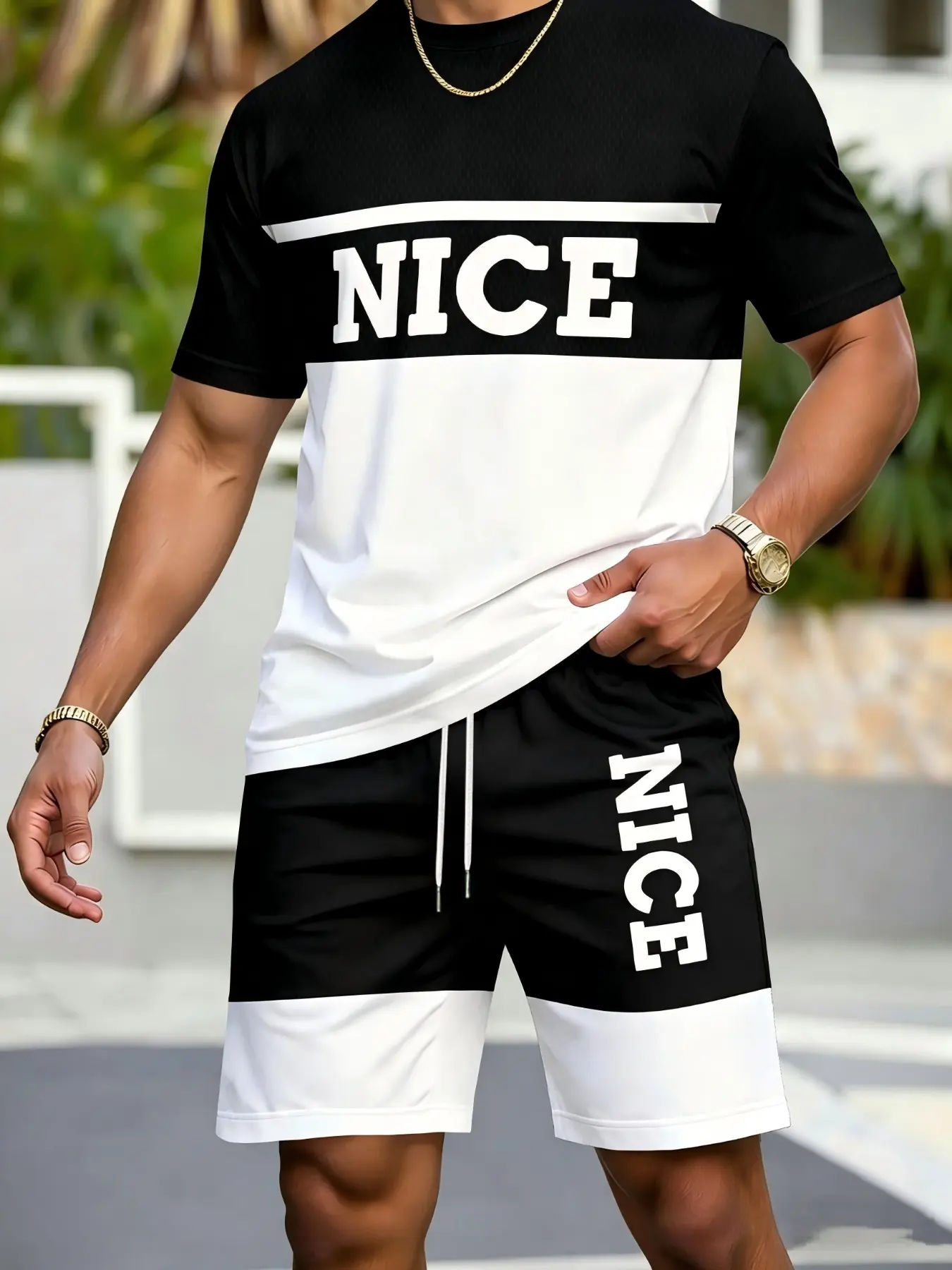 Men's Patchwork Short Sleeve T-Shirt with Gym Shorts Set, Matching, Casual Fashion Trendy, Summer Beach Wear