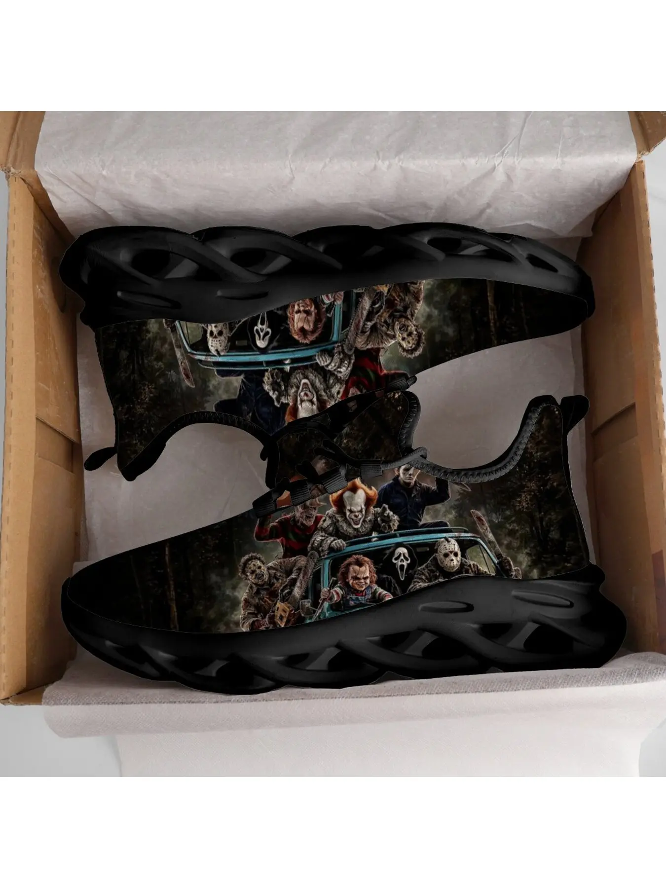 Halloween Horror Art Print Sports Sneakers Men'S Lace Up Running Shoes Versatile For Daily Outings Holiday Party Daily Walking Shoes Breathable Mesh Blade Sole Lightweight Comfortable Non Slip Cushion Sneakers