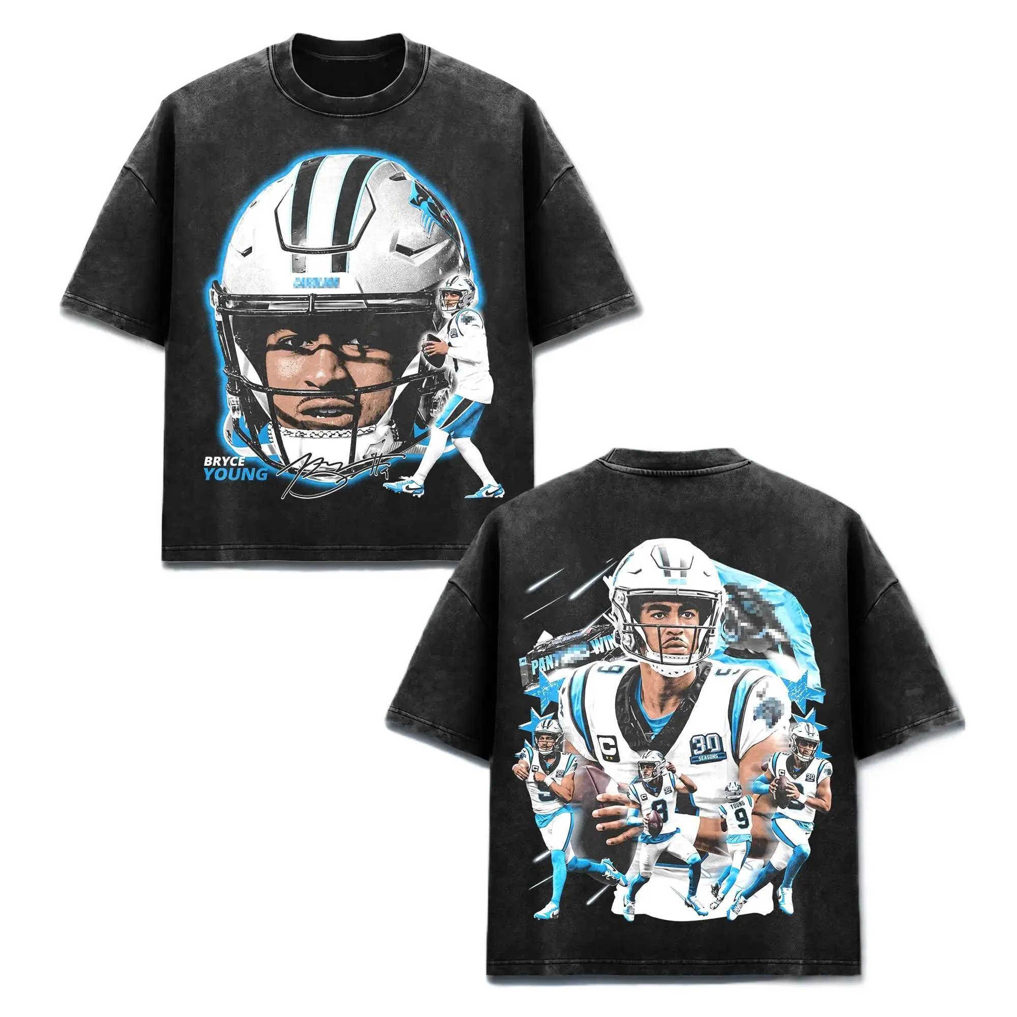 [Sale Up To 50%] Menswear Unisex Endzone Bryce Young Panther QB Graphics T-Shirt - BY9 Heavy Cotton Vintage Acid Washed Black Top, Vibrant Print Autograph Helmet Shirt, 2026 American Football Game Day Casual Streetwear