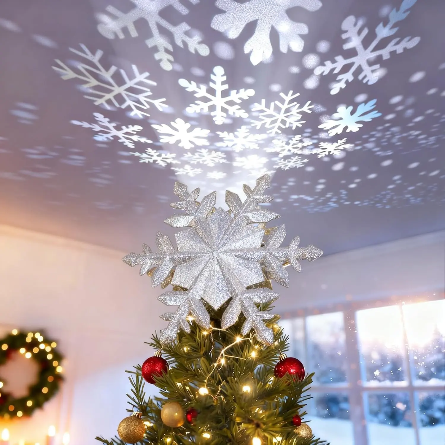 3D Hollow Silver Glitter Snowflake LED Rotating Projector Tree Topper, Christmas Ornaments for Indoor Decor, Ornaments Christmas