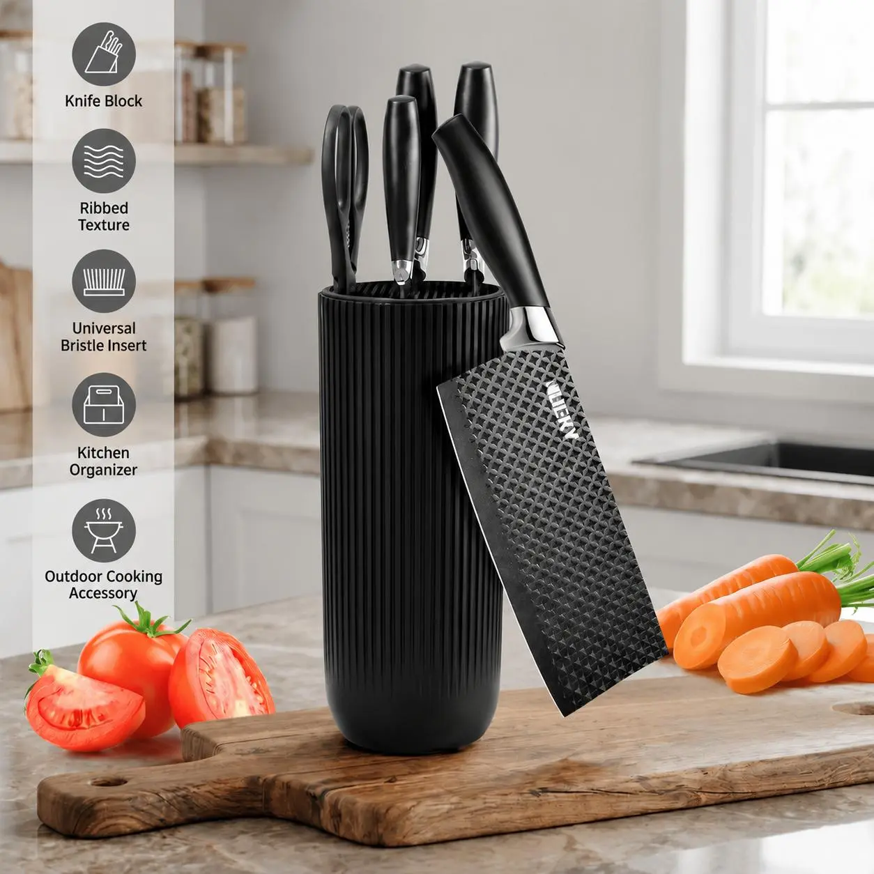 【Fall Deals For You】9.05" x 5.1" Slim Knife Block, 410g Lightweight Universal Kitchen Knife Holder with Bristle Insert, Space-Saving Vertical Organizer for Cutlery, Scissors & Cleaver, Anti-Slip Base for Countertop & Outdoor Cooking