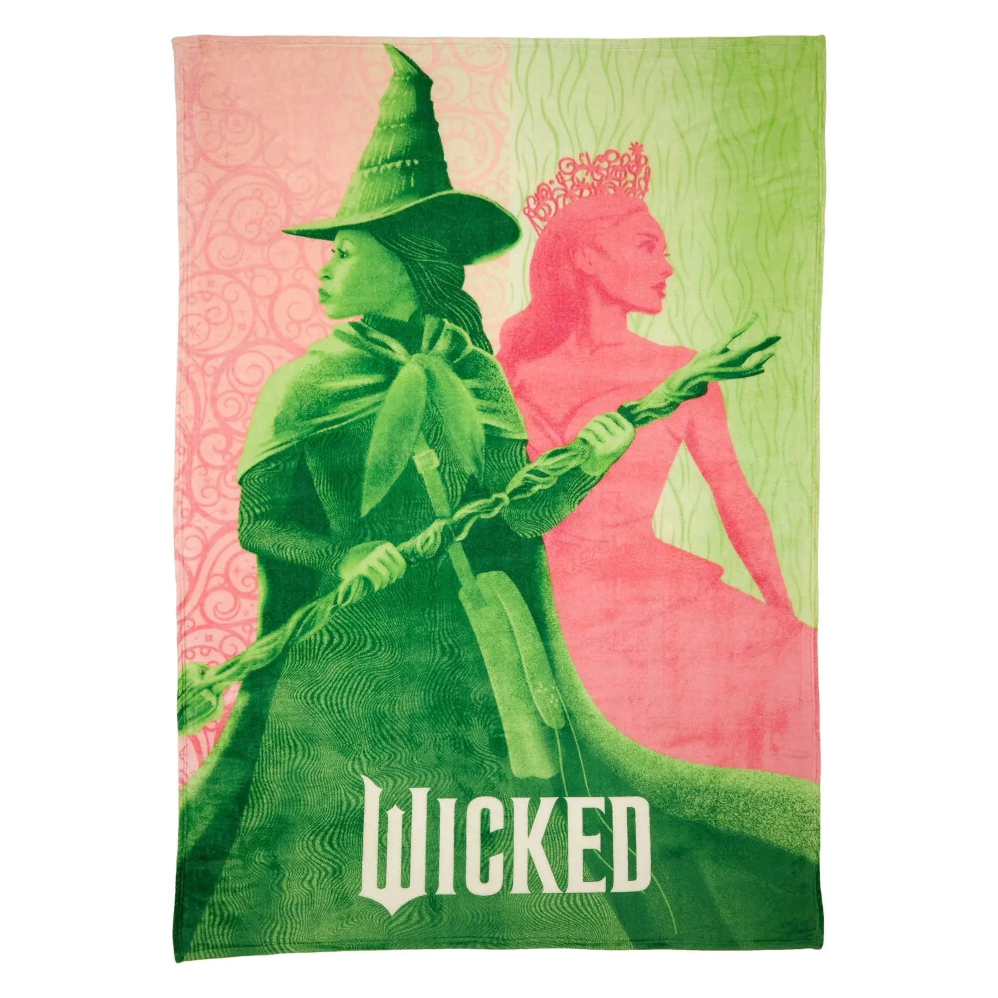 Green Pink Witch Character Poster Flannel Throw Blanket, Wicked Themed Two Ladies Graphic Blanket, Color Block Soft Fleece Blanket For Sofa Bed & Musical Movie Fans Gift