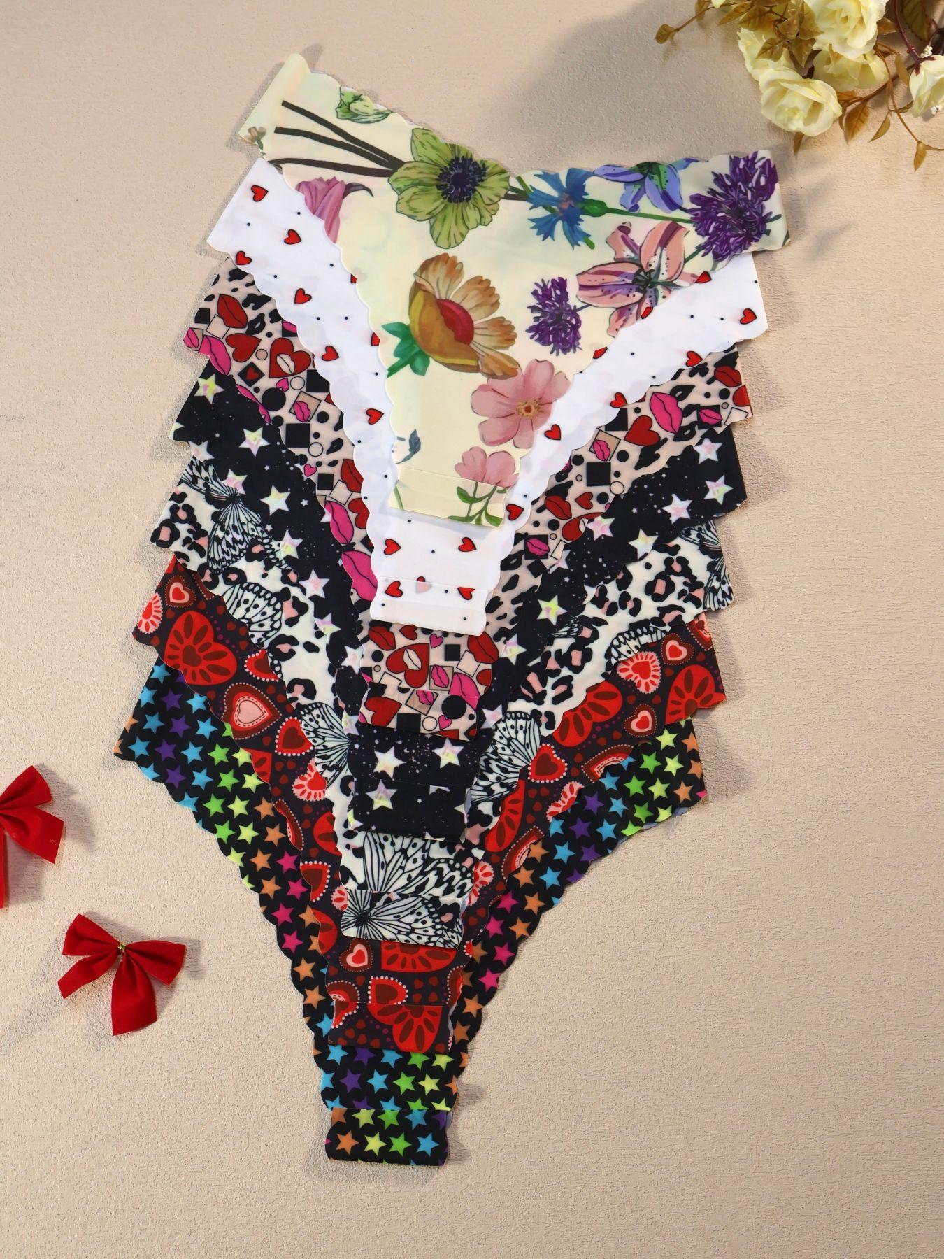 Women's Comfortable Skin-Friendly Underwear Set, Heart & Floral Print Design, V-Shape Pull-Up Waistband, Casual Fitted Style, Seamless Panties