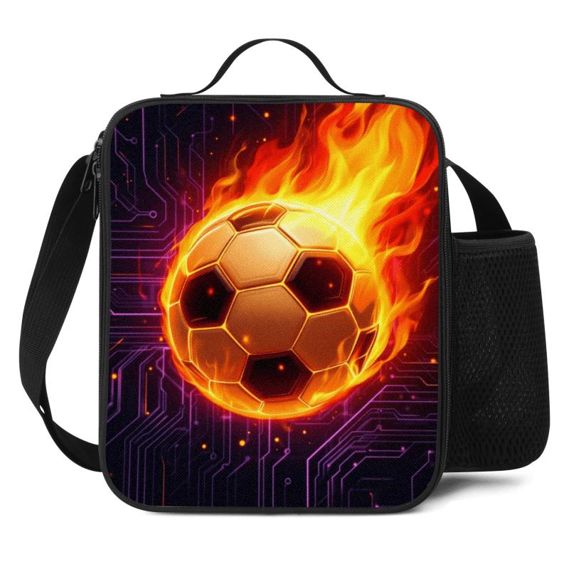 "Flaming Soccer" Insulated Lunch Bag — Features Adjustable Shoulder Strap, Top Handle, and Mesh Side Pocket — Leak-Proof Lunch Tote for Work, Commuting, Picnics, and Travel