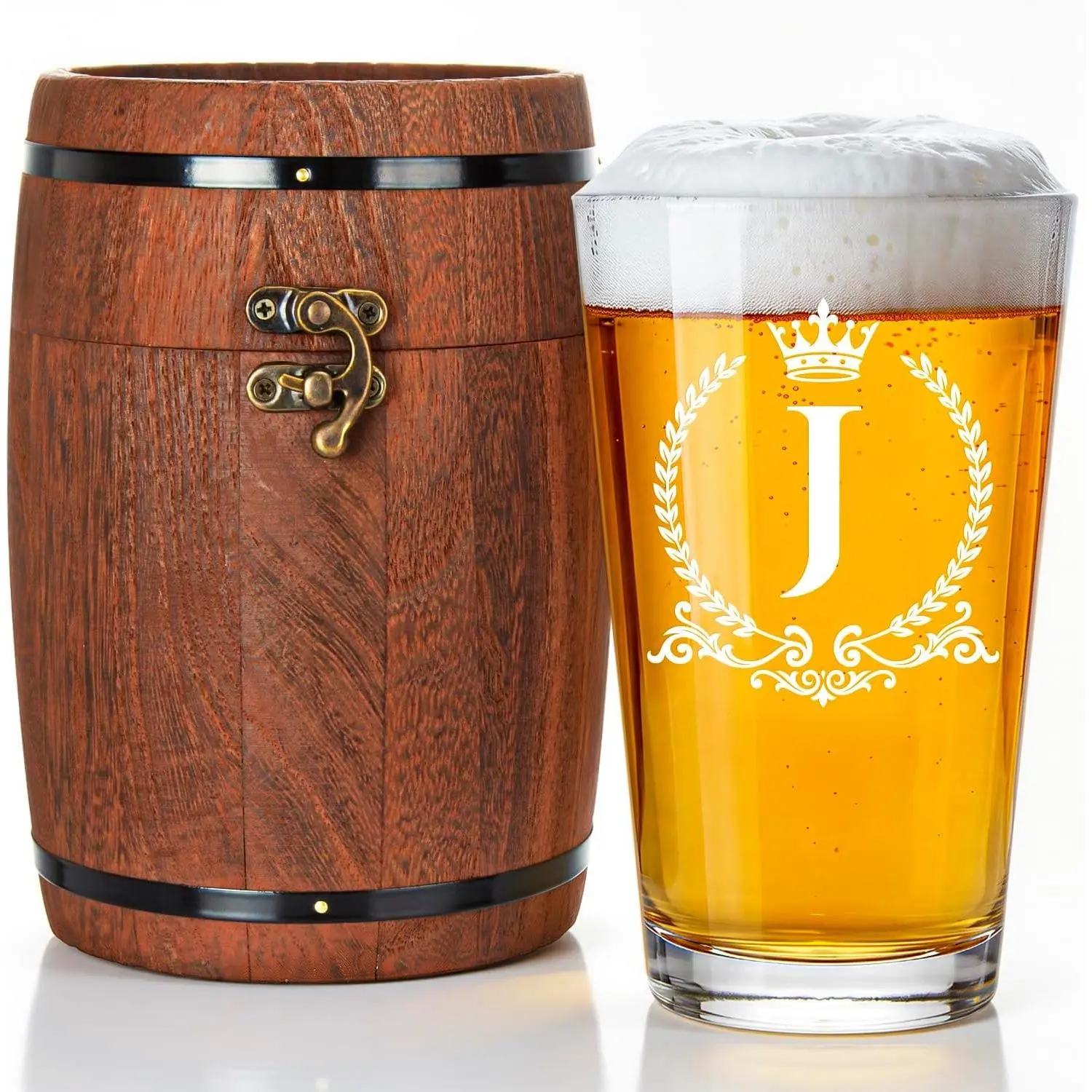 Personalized Beer Glass Gifts 16oz with Barrel Box(Letter J) | Monogrammed Pint Glass,Custom Initial Pint Glass Beer Gifts for Men Husband Dad Brother Grandpa Anniversary Birthday Wedding