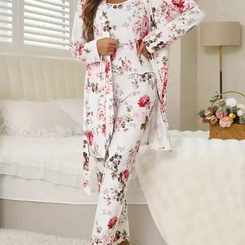 Women's All Over Floral Print Pajama Set, Long Sleeve Open Front Outwear & Pants & Cami Top, Casual Comfy Fitted Sleepwear Set for Women, Loungewear, Knit, Camisole