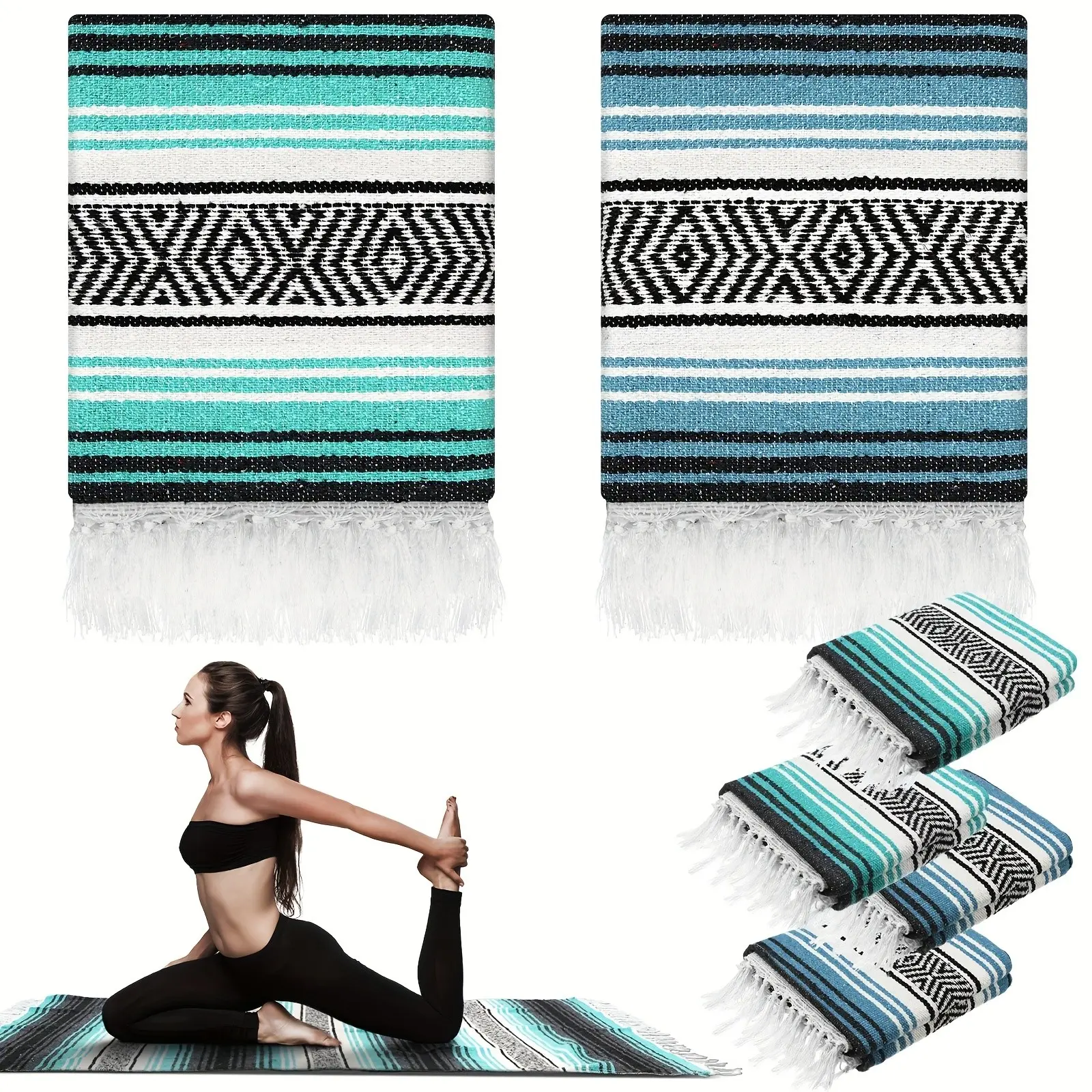 4pcs Large Mexican Yoga Blanket Pack 45 X 70 Inch Thick Woven Camping Blanket Picnic Blanket Beach Car Travel Throw Blanket Outdoor Patio Mat Towel (Sky Blue, Light Green)