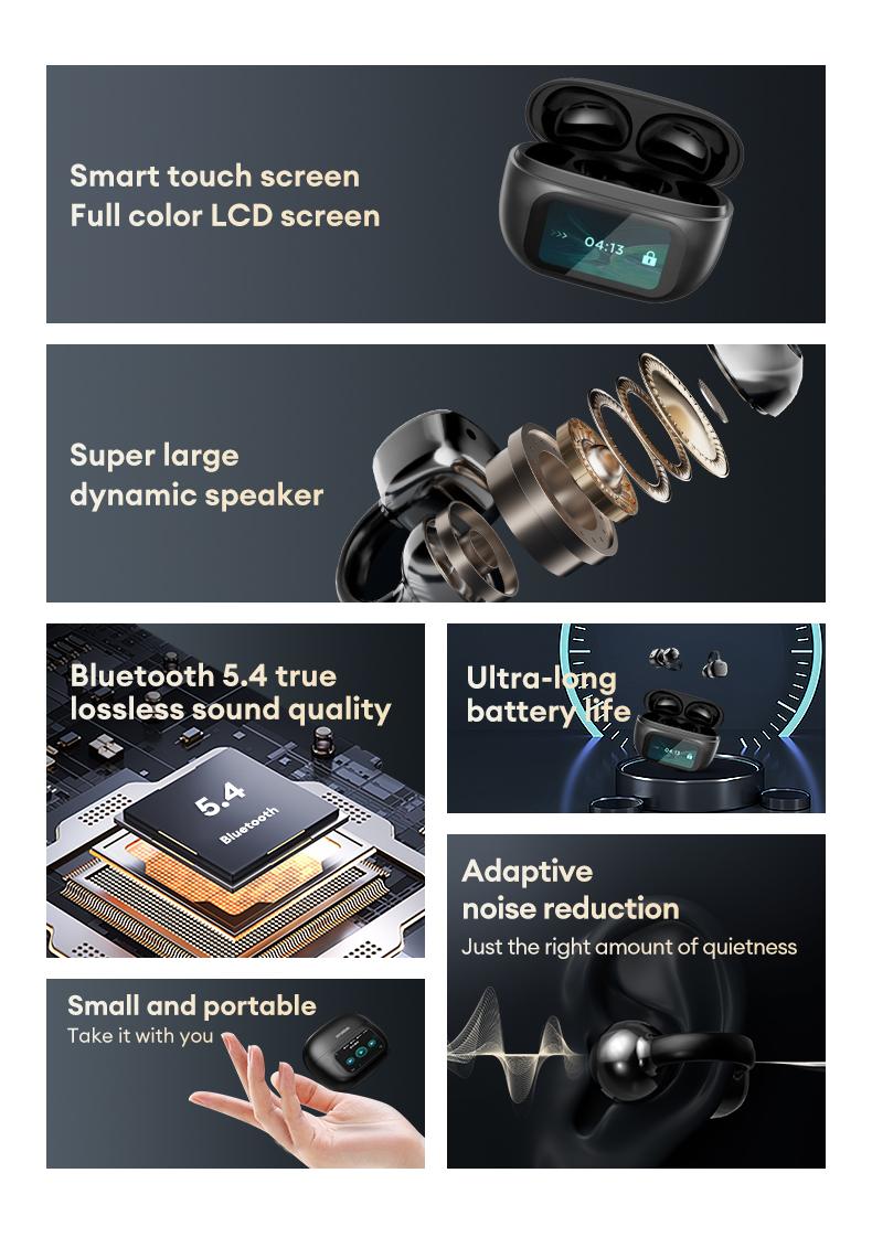 HYUNDAI C02 Clip-On Ear Headphones with LCD Full Color Touch Screen, Wireless Earbuds Headset for Music & Phone Calls