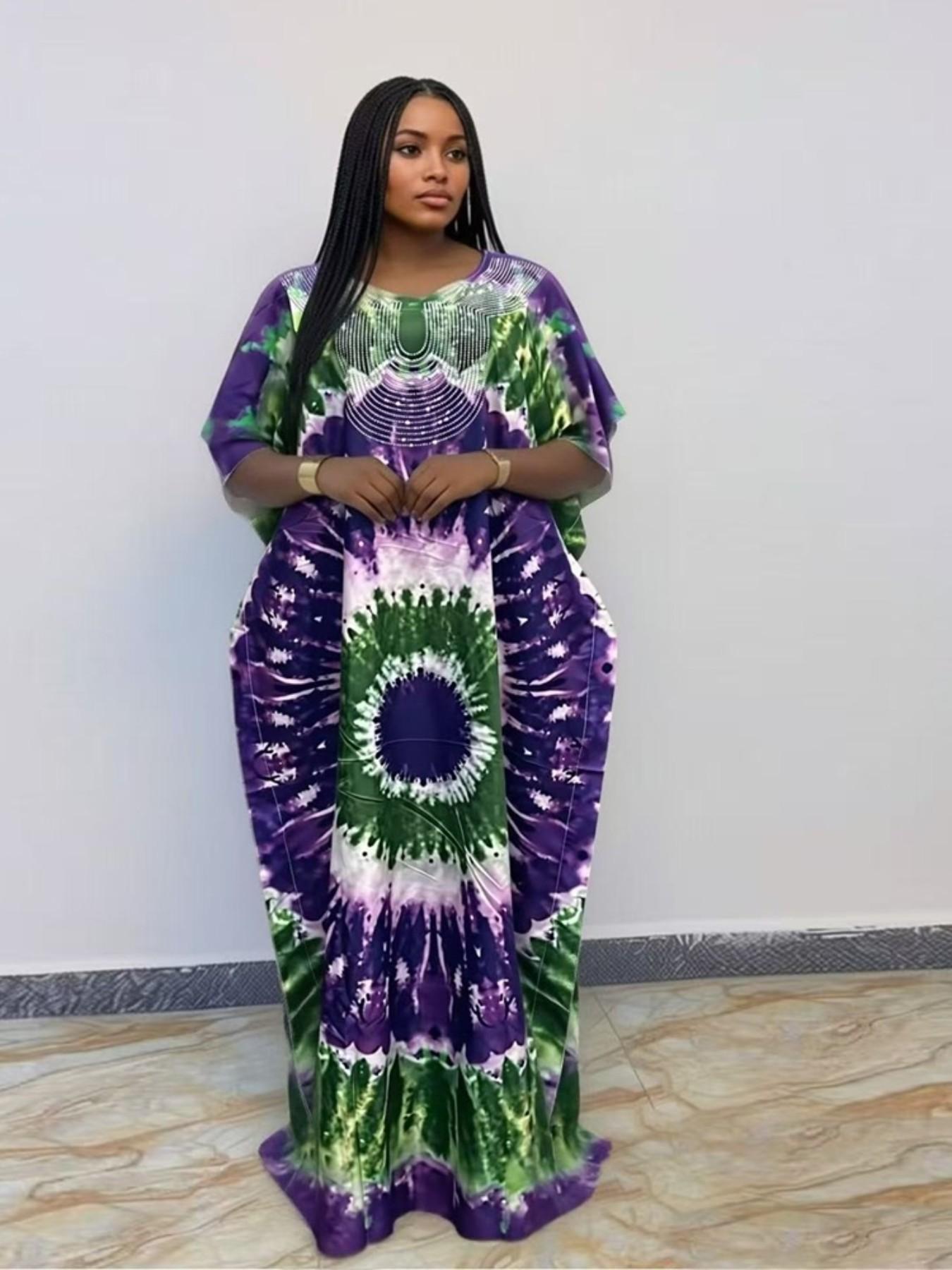 African Tie-Dye Embroidered Boubou Kaftan Long Dress, Traditional Clothing, Casual Daily Wear, Loose Fit, Plus Size, Vacation Style