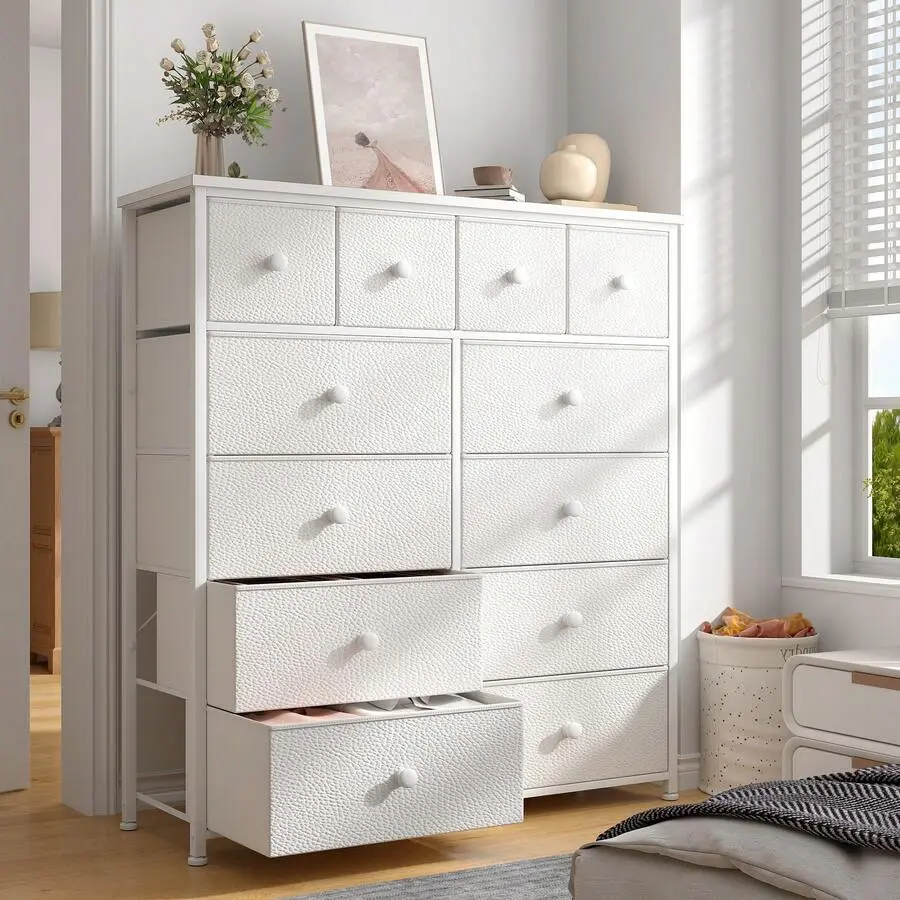 Tall Dresser For Bedroom With 12 Fabric Drawers And Wooden Top, Metal Frame, Bedroom Dressers & Chests Of Drawers, Room Decor, Home Deco, Festival Decor, White