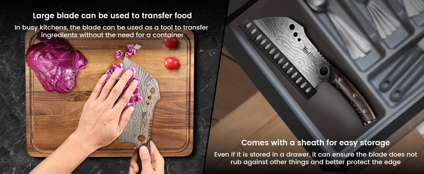 【TikTokShopSpringGlowUp】SYOKAMI Meat Cleaver Chef Knife with Sheath, 7.7 Inch Multifunction Butcher Knife with Herb Stripper, Chopping Knife Heavy Duty Bone Cutting, Damascus Pattern Full Tang Wood Handle, Christmas, Mother's Day Gifts 【TikTokShopSpringGlowUp】SYOKAMI Meat Cleaver Chef Knife with Sheath, 7.7 Inch Multifunction Butcher Knife with Herb Stripper, Chopping Knife Heavy Duty Bone Cutting, Damascus Pattern Full Tang Wood Handle, Christmas, Mother's Day Gifts