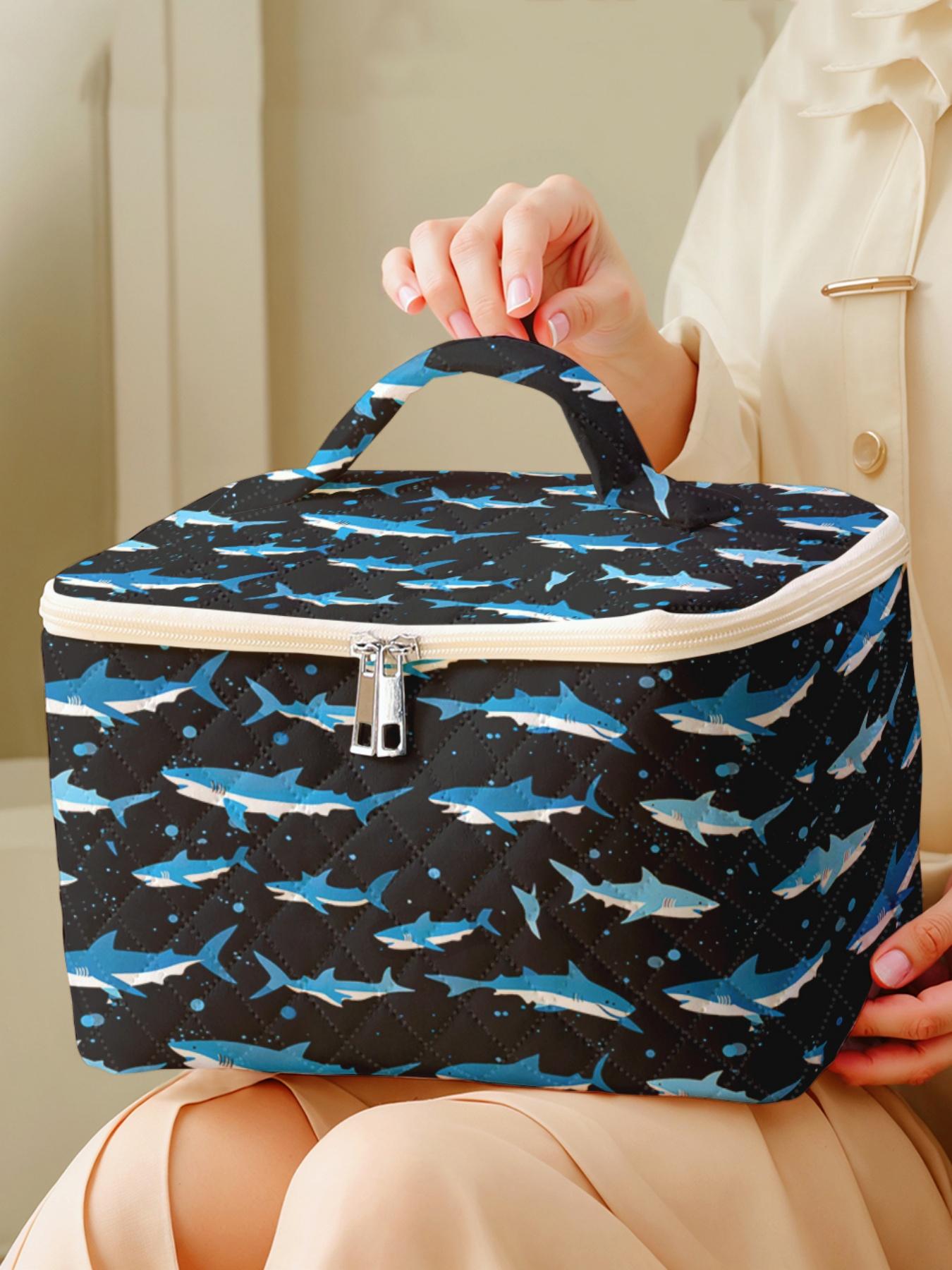 1 piece of shark pattern print 2D printed portable travel makeup, brush, and accessory organizer, storage box toolbox, large capacity travel toiletry storage bag, cute and fashionable makeup bag