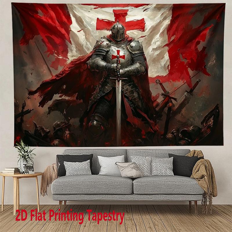 A 2D printed tapestry that is perfect for holiday party decoration. This polyester background fabric showcases medieval knight designs and Crusader patterns, suitable for hanging in various spaces such as homes.