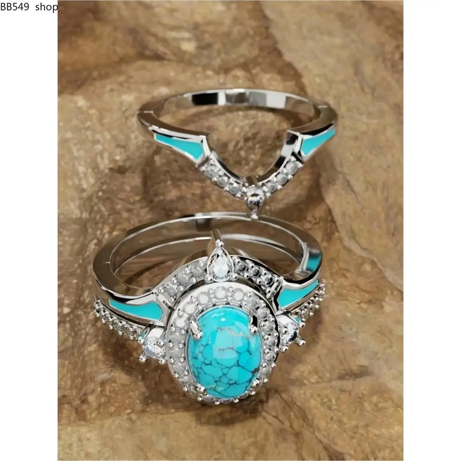Vintage Turquoise Ring Set 3-Pack for Women, Elegant Cubic Zirconia Stackable Wedding Rings, Retro Boho Engagement Jewelry, Birthday Anniversary Christmas Gift for Wife Girlfriend