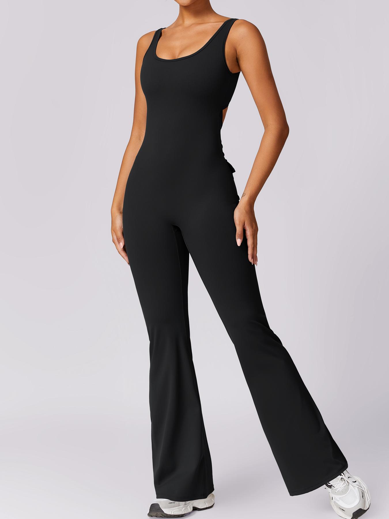 NcmRyu Women's Sleeveless Square Neck Open-Back Flare Jumpsuit - Buttery-Soft 4-Way Stretch Cargo Ruched Sculpting Trendy Activewear Workout Gym Clothing Workout Apparel jumpsuits for women