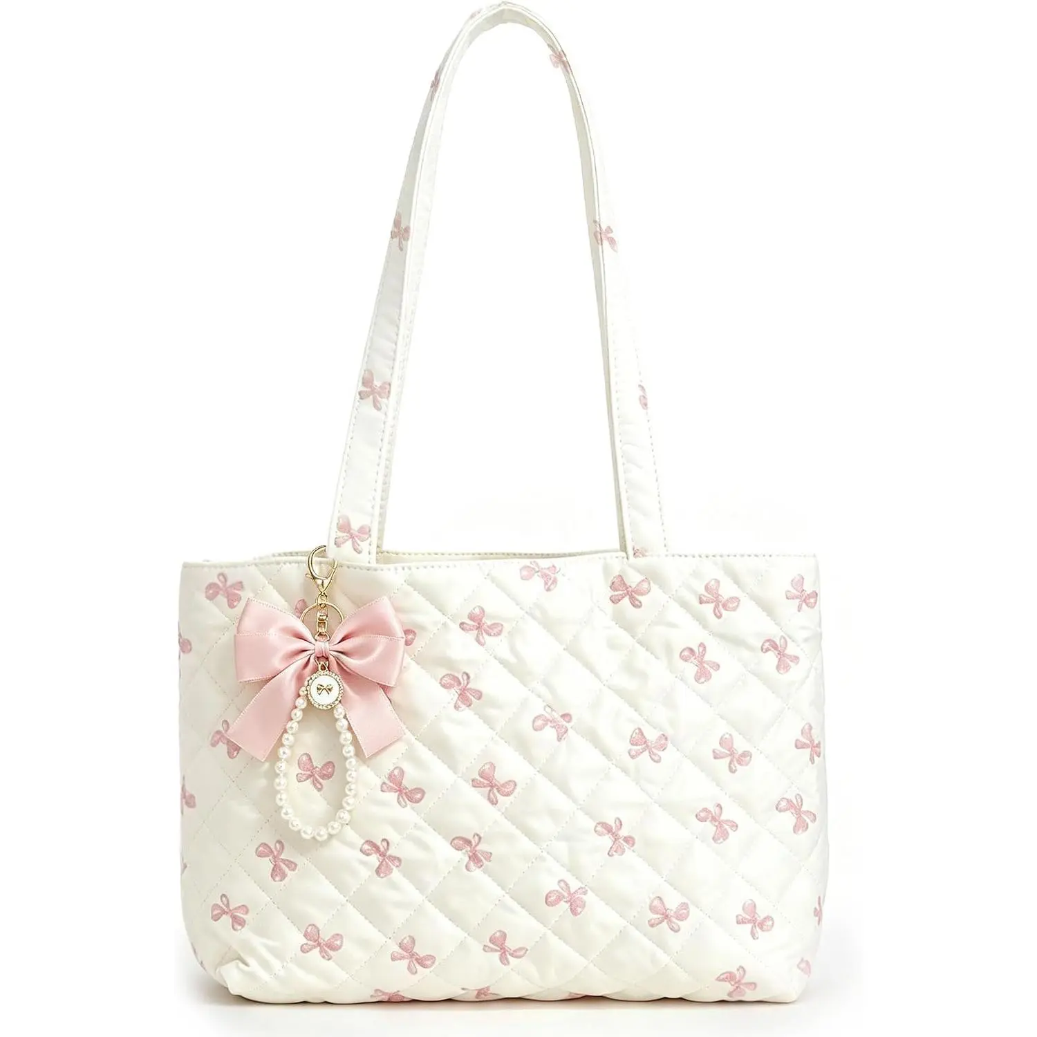 Coquette Tote Bag Bow Quilted Tote Bags Women Cottage Shoulder Bag Soft Travel Work Purse Maternity Nappy Bags
