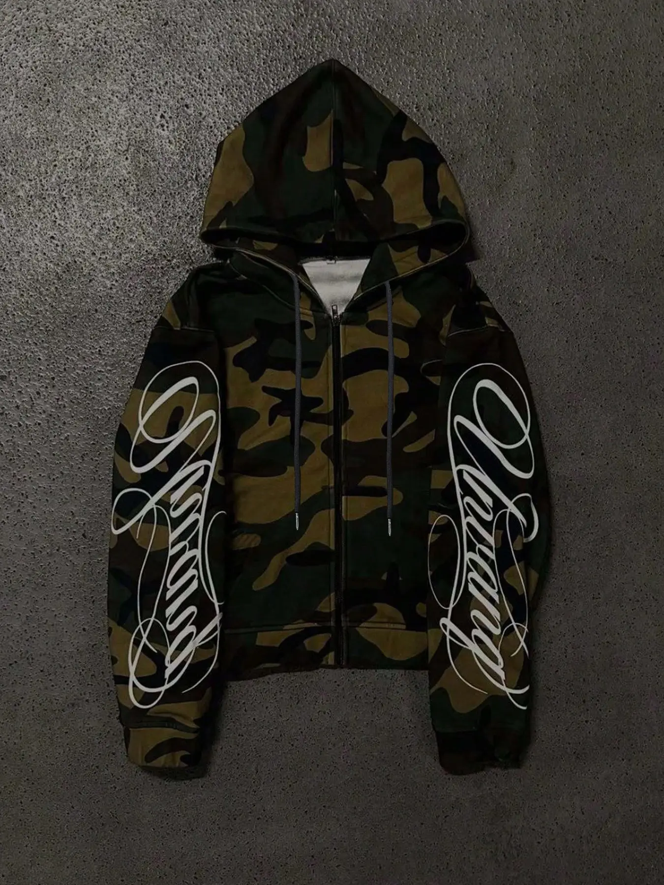American Camouflage Letter Zipper Sweatshirt, Dual-Sided Large Cursive Print, Military Camo Open Front Hoodie, Fall & Winter Street Style, Streetwear