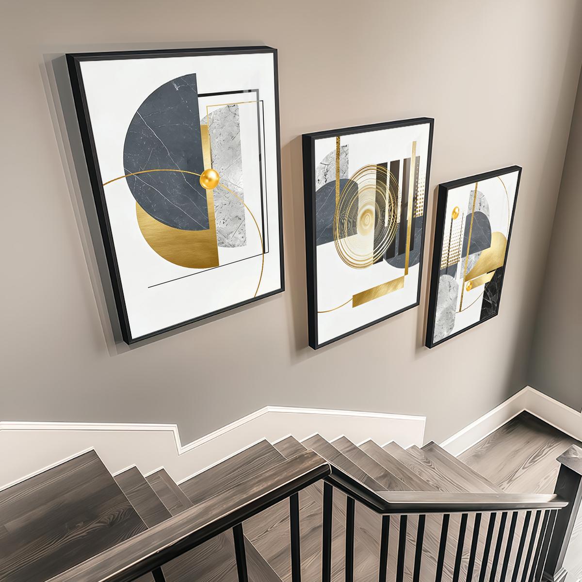3 Counts Aluminum Alloy Framed Painting, Geometric Gold And Grey Abstract Art, Home Decoration For Living Room, Bedroom, Office, Restaurant, Hallway Wall Decor, Odorless Print Artwork, Luxury Perfect Gift For Friends And Family