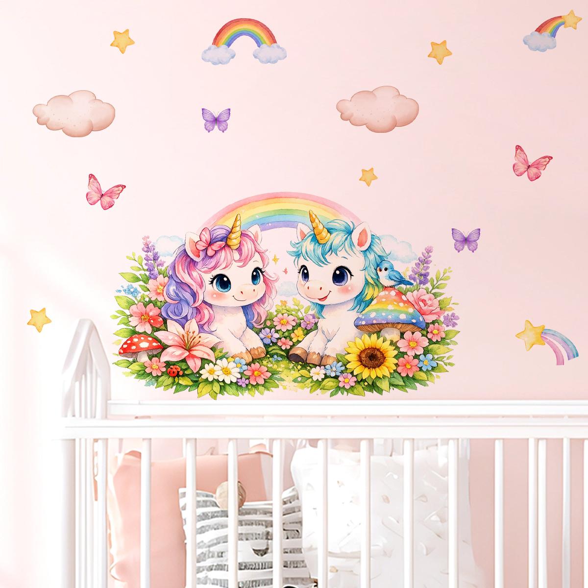 1Pc (30*60cm) Macaron Dreamy Unicorn Wall Sticker, Rainbow Butterfly Wall Decals for Kids Bedroom Decorations Living Room Decor