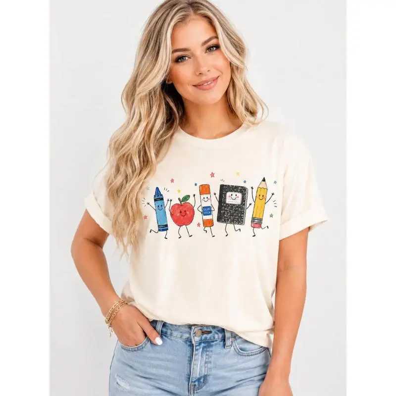 100% Pure Cotton Back-to-School Graphic Tee, Short Casual Comfy Everyday Prints Shirt, Aesthetic School Spirit Top, Crayon Pencil Notebook Design, Teacher Classroom Sublimation Gift, Heritage Apparel