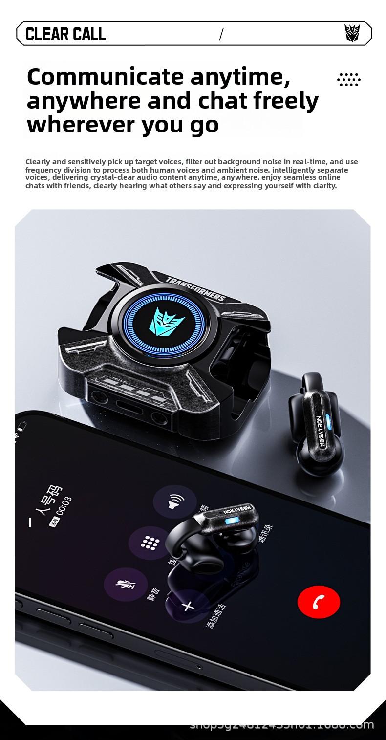 Transformers TF-T93 Ear-Clip True Wireless Bluetooth 6.0 Earbuds with Mic, Zinc Alloy Armor Case, Low Latency Game/Music Modes, Hi-Fi 12mm Drivers, Secure Fit Sports Earphones (Megatron Black)