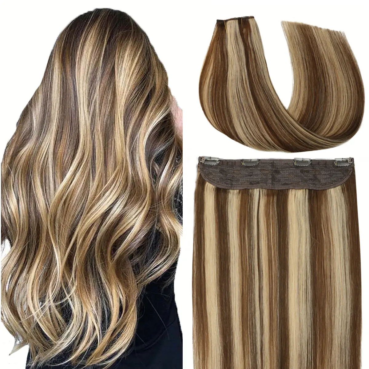 VINBAO Invisible Halos Human Hair Extensions - Real Remy Hair Wefts Extensions, Seamless Blend, Adjustable Fishing Line Weft, Soft Silky Straight, Ombre/Piano/Light Colors, Various Sizes, for Everyday & Summer Wear