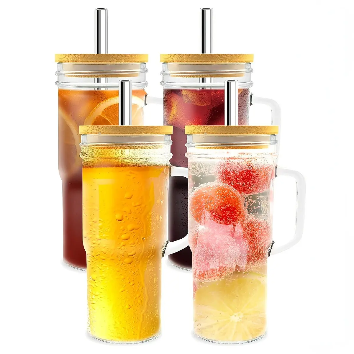 Reusable Glass Mason Jar Cup with Lid & Straw, 24oz Handle Design, Perfect for Parties Birthdays Picnics Outdoor Events