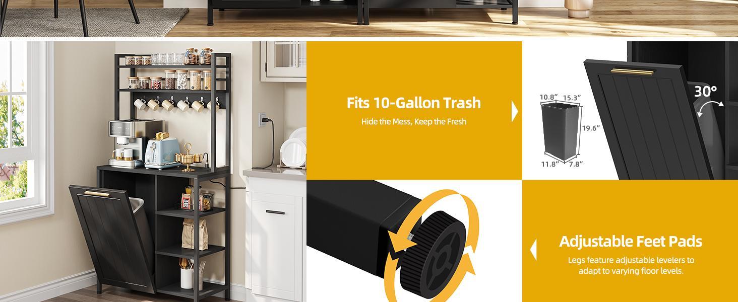 DWVO Bakers Rack with Trash Can Bin Cabinet and Power Outlet, Microwave Stand Cabinet with 6 Hooks, 6-Tiers Farmhouse Kitchen Tall Thickened Coffee Bar Table,Black/White