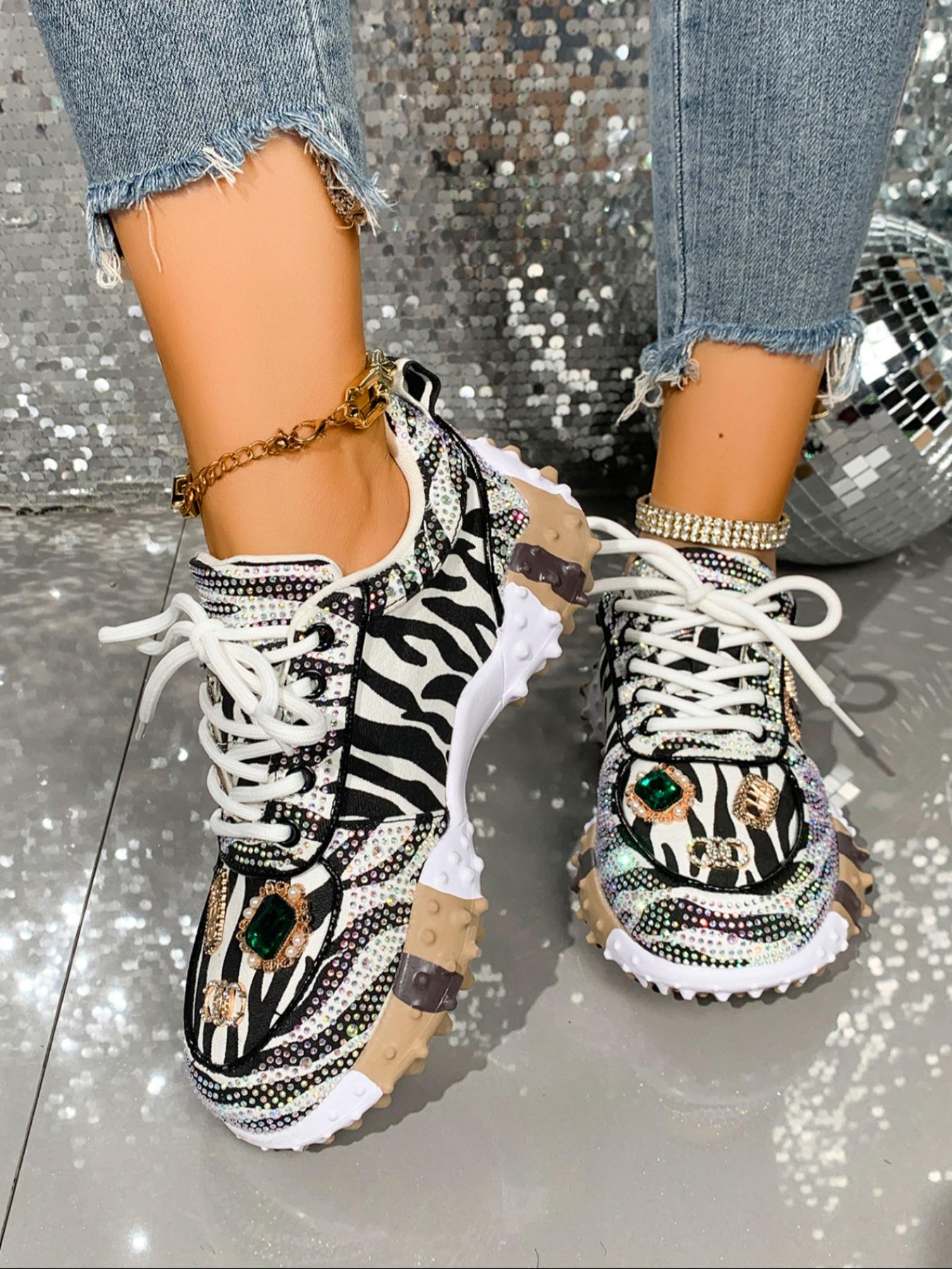 Women's Thick Sole Sport Shoes with Rhinestone Details, Fashion Casual Sneakers, Trendy Zebra Color Block Design, Daily Wear, Thick Soled Sneakers, Trendy Walking Sneaker