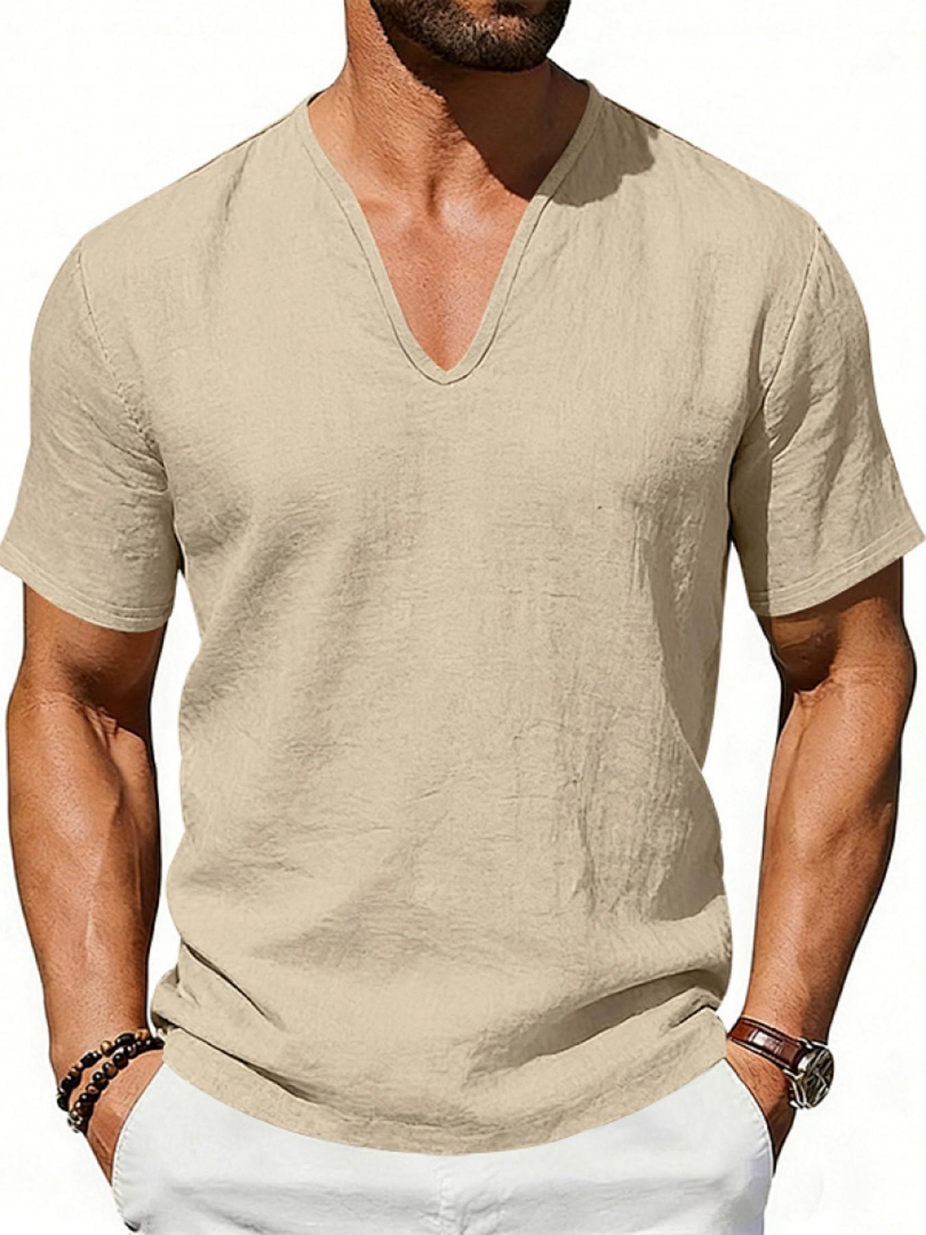 Men's Summer Loose Fit Linen T-Shirt, Breathable Deep V Design, Casual Short Sleeve Top, American Style, Cross-Border Fashion